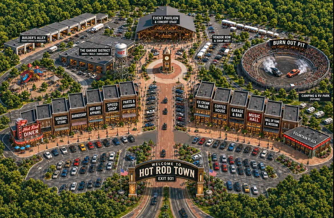 Hot Rod Town Garage concept rendering of America's Automotive Hometown featuring classic cars, hot rods, automotive businesses, entertainment, shopping, and community experiences.